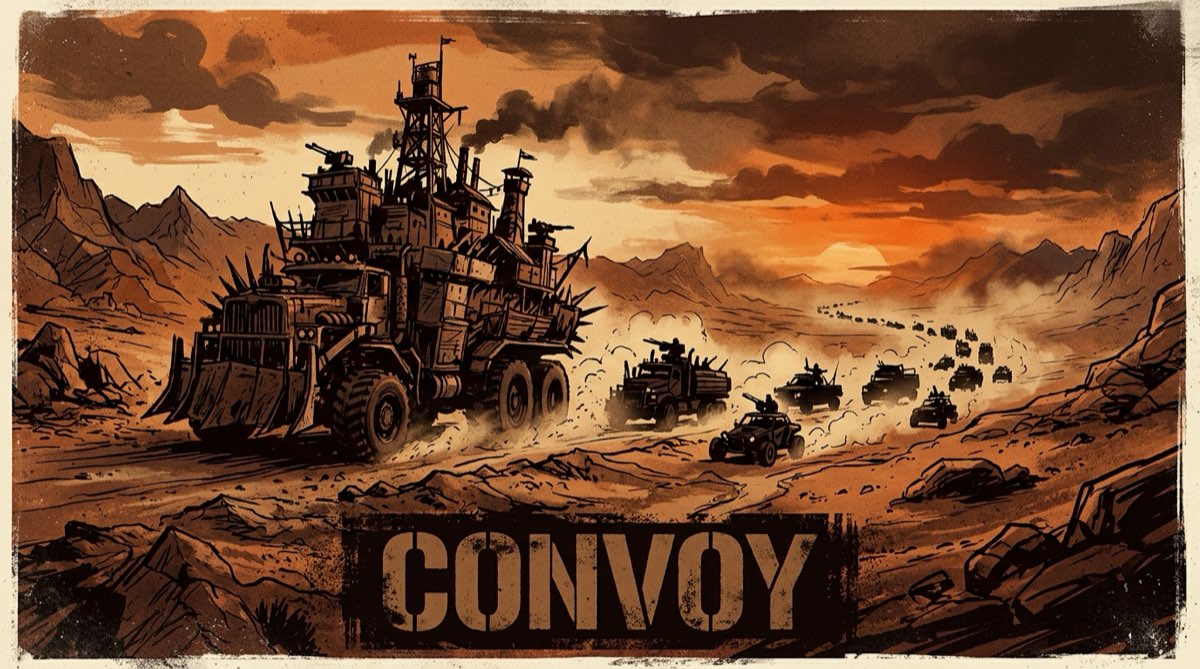 Convoy: a Mother Rig leading an armed convoy across the wasteland